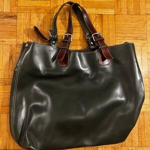 Dark Green Leather Tote with Brown Strap Accents